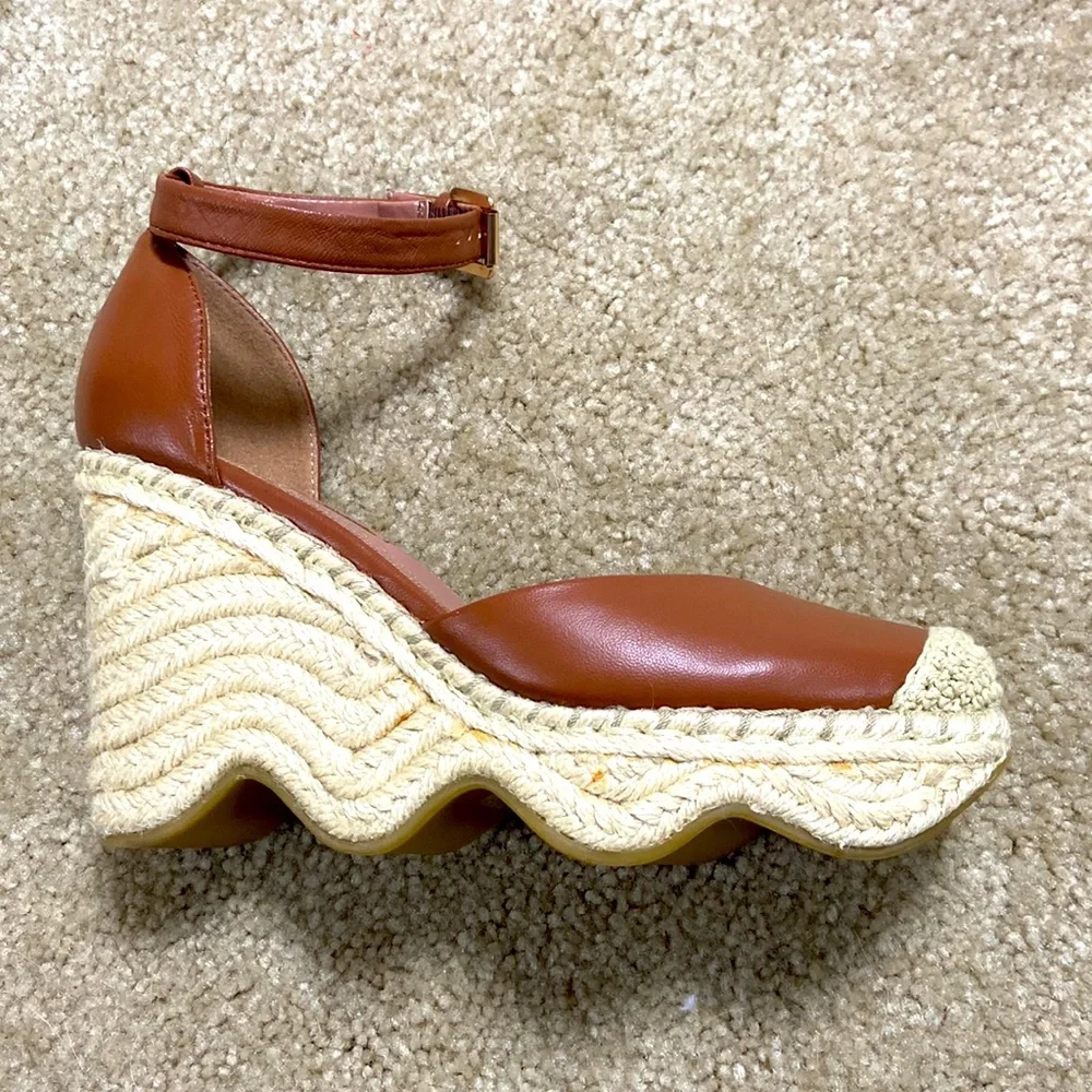 BCBGMaxAzria Cognac Leather Espadrille Wedge Sandals